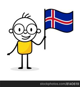 Man holding flag of Iceland isolated on white background. Hand drawn doodle line art man. Concept of country. Vector stock illustration