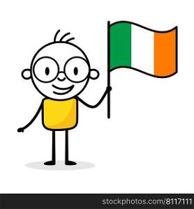 Man holding flag of Ireland isolated on white background. Hand drawn doodle line art man. Concept of country. Vector stock illustration