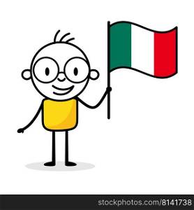 Man holding flag of Italy isolated on white background. Hand drawn doodle line art man. Concept of country. Vector stock illustration