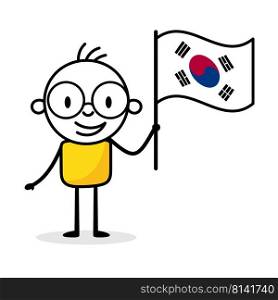 Man holding flag of Korea isolated on white background. Hand drawn doodle line art man. Concept of country. Vector stock illustration