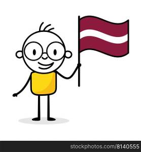 Man holding flag of Latvia isolated on white background. Hand drawn doodle line art man. Concept of country. Vector stock illustration