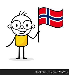 Man holding flag of Norway isolated on white background. Hand drawn doodle line art man. Concept of country. Vector stock illustration
