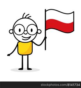 Man holding flag of Poland isolated on white background. Hand drawn doodle line art man. Concept of country. Vector stock illustration