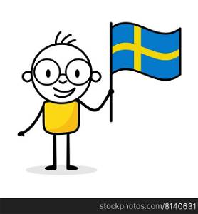 Man holding flag of Sweden isolated on white background. Hand drawn doodle line art man. Concept of country. Vector stock illustration