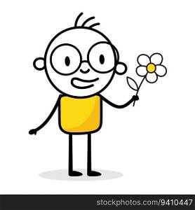 Man holding flower isolated on white background. Hand drawn doodle line art man. Vector stock illustration.