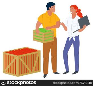 Man holding full wooden container, picking apples, woman with laptop. Business technology, retail of harvesting product, fruit in box, market vector. Picking apple concept. Flat cartoon. Retail of Fruit, Picking Apples, Business Vector