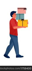 Man holding gift box. Cartoon character carries stack of wrapped containers with ribbons. Isolated young male makes holiday shopping. Give and take presents. Vector celebrate Christmas or birthday. Man holding gift box. Cartoon character carries wrapped containers with ribbons. Isolated male makes holiday shopping. Give and take presents. Vector celebrate Christmas or birthday