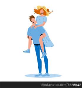 Man Holding Girl Piggyback Playing Game Vector. Young Boy Piggyback Ride Woman. Characters Boyfriend And Girlfriend Couple Funny Play Leisure Spending Time Together Flat Cartoon Illustration. Man Holding Girl Piggyback Playing Game Vector