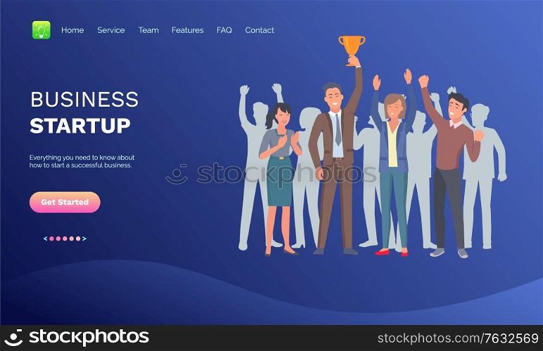 Man holding golden award, people with rising hands, business startup. Teamwork progress and success, portrait view of workers, company vector. Blue website or webpage template, landing page flat style. Success Company, Winners and Award, Startup Vector