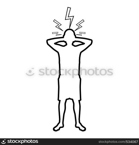 Man holding hand near head with lightning thunderbolt Concept trouble problem people silhouette icon outline black color vector illustration flat style simple image