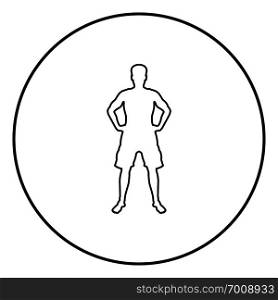 Man holding hands on belt confidence concept silhouette serious master of the situation front view icon black color outline vector illustration flat style simple image in circle round