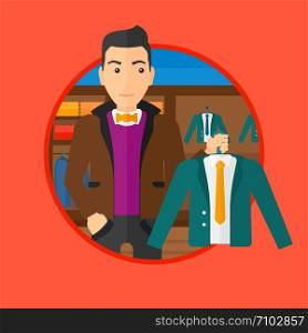 Man holding hanger with suit jacket and shirt. Man choosing suit jacket at clothing store. Shop assistant offering suit jacket. Vector flat design illustration in the circle isolated on background.. Man holding suit jacket in clothing store.
