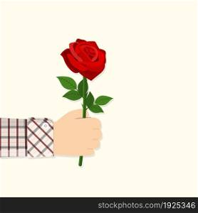 Man holding in hand red rose. Give flowers. Greeting card. vector illustration in flat design. Man holding in hand red rose.