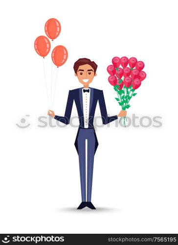 Man holding inflatable balloons and rose bouquet vector. Waiter wearing uniform greeting, special gifts for person, flowers with flourishing and leaves. Man Holding Inflatable Balloons and Rose Bouquet