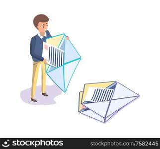 Man holding letter, papers with lines in envelopes, standing and smiling human holding list, portrait view and shadow of person with pages vector. Man Holding Letter, Papers in Envelopes Vector