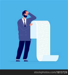 Man holding long list. Businessman debt scroll, manager reading reporting bank or lawyer. Male with bankruptcy paper letter vector concept. Businessman with paper holding report illustration. Man holding long list. Businessman debt scroll, manager reading reporting bank or lawyer. Male with bankruptcy paper letter vector concept
