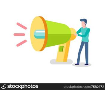 Man holding loudspeaker, flat person standing near colorful megaphone. Speaking-trumpet and portrait view of human, speaker to amplify voice vector. Man Holding Loudspeaker, Male and Megaphone Vector