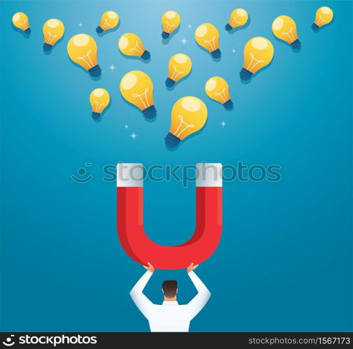 man holding magnet attracting light bulb creative concept. vector illustration