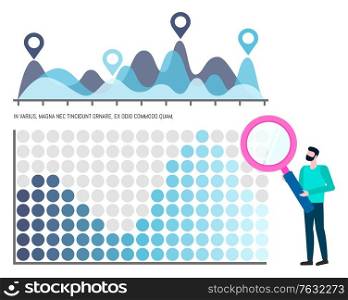 Man holding magnifier, graph report, professional researching. Worker with loupe, development information with points, businessman with lens vector. Worker Researching Graph with Loupe, Growth Vector
