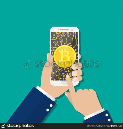 Man holding mobile phone, block chain text and blockchain icons with binary coded background , cryptocurrencies or bitcoin concept. Vector illustration in flat style. cryptocurrencies or bitcoin concept