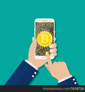 Man holding mobile phone, block chain text and blockchain icons with binary coded background , cryptocurrencies or bitcoin concept. Vector illustration in flat style. cryptocurrencies or bitcoin concept