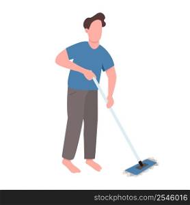 Man holding mop semi flat color vector character. Standing figure. Full body person on white. Guy cleaning floor at home simple cartoon style illustration for web graphic design and animation. Man holding mop semi flat color vector character