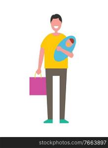 Man holding newborn baby on hands, fatherhood concept vector illustration isolated. Father and son infant, happy nursery, taking care about child. Man Holding Newborn Baby on Hands, Fatherhood