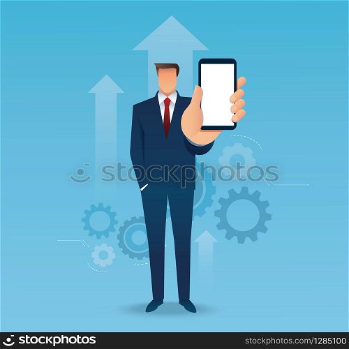 man holding out hand to show blank smartphone screen isolated vector illustration EPS10