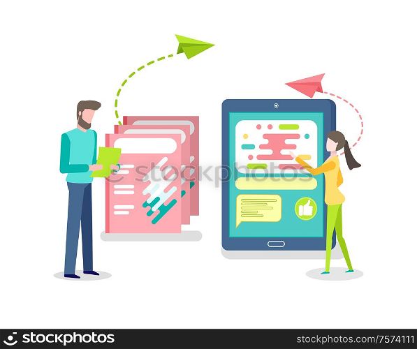 Man holding paper, woman side view, online communication. Touchscreen tablet with empty colorful icons, modern technology, people and gadget flat vector. Human and Touchscreen Tablet, Communication Vector