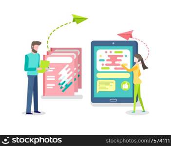 Man holding paper, woman side view, online communication. Touchscreen tablet with empty colorful icons, modern technology, people and gadget flat vector. Human and Touchscreen Tablet, Communication Vector