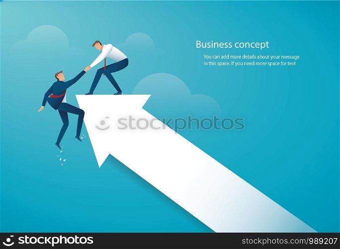 man holding partner hands hanging cliff arrow help concept together. vector illustration EPS10