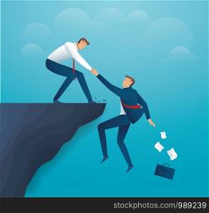 man holding partner hands hanging cliff help concept together. vector illustration EPS10
