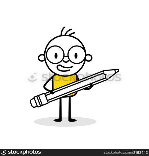 Man holding pencil isolated on white background. Hand drawn doodle line art man. Concept of creativity, creative thinking, innovative idea, innovation, inspiration for artist, creator. Vector stock illustration.