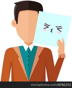 Man holding picture of cute kawaii face emoji. Manga style eyes and mouths. Funny japanese facial expression. Eastern kawaii anime culture elements. Male character shows strange, weird emotion. Man holding picture of cute kawaii face emoji. Male character shows strange, weird emotion