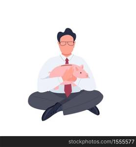 Man holding piggy bank flat color vector faceless character. Office worker. Businessman. Employee sitting with money box isolated cartoon illustration for web graphic design and animation. Man holding piggy bank flat color vector faceless character