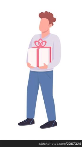 Man holding present box semi flat color vector character. Standing figure. Full body person on white. Party isolated modern cartoon style illustration for graphic design and animation. Man holding present box semi flat color vector character