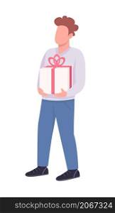 Man holding present box semi flat color vector character. Standing figure. Full body person on white. Party isolated modern cartoon style illustration for graphic design and animation. Man holding present box semi flat color vector character