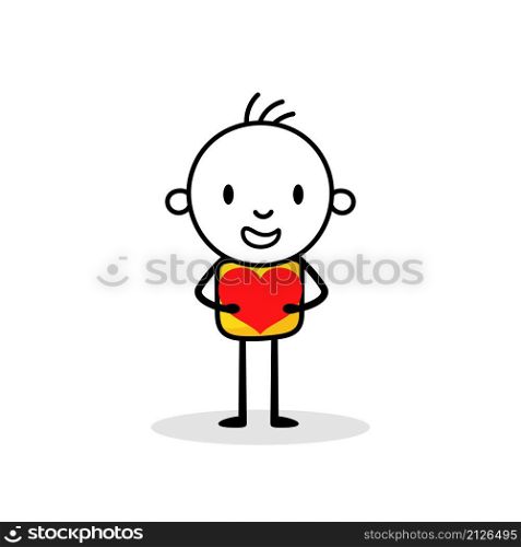 Man holding red heart isolated on white background. Hand drawn doodle line art man. Concept of love. Vector stock illustration.
