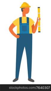 Man holding ruler in hand vector, isolated character with roulette. Accuracy and precision in construction of new infrastructure. Tool instrument. Workman with Measuring Roulette Worker with Ruler