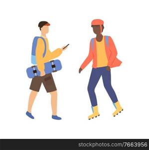 Man holding skateboard and roller skater in helmet isolated cartoon people. Vector side view of boy using phone, person wearing casual clothes and backpack. Man Holding Skateboard and Roller Skater in Helmet