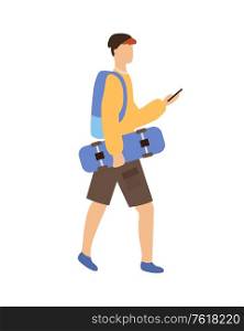 Man holding skateboard, side view of boy using phone, person wearing casual clothes and backpack, skateboarder going outdoor, urban skater vector. Skater Going with Phone and Skateboard Vector