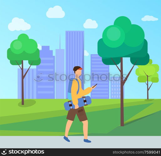 Man holding skateboard walking in city park with trees and skyscrapers, Vector boy using phone, person wearing casual clothes and backpack, skateboarder. Man Holding Skateboard Walking in City Park, Trees