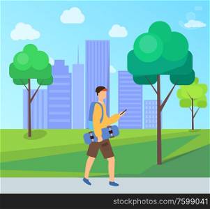 Man holding skateboard walking in city park with trees and skyscrapers, Vector boy using phone, person wearing casual clothes and backpack, skateboarder. Man Holding Skateboard Walking in City Park, Trees