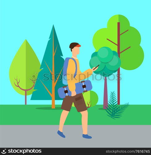 Man holding skateboard, walking with phone, person wearing casual clothes and backpack, skateboarder going outdoor, urban skater in city park vector. Skater Going with Phone and Skateboard Vector