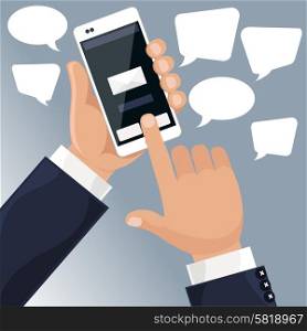Man holding smartphone in his hand and sends message via sms chat cartoon flat design style
