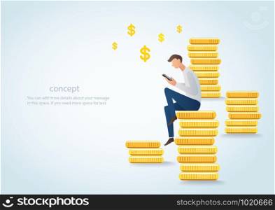man holding smartphone sitting on gold coins, business concept of digital marketing vector illustration