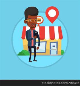 Man holding smartphone with application for looking for restaurant. Man using smartphone application for searching of restaurant. Vector flat design illustration in circle isolated on background.. Man looking for restaurant in her smartphone.