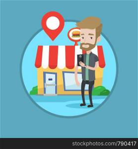 Man holding smartphone with mobile app for looking for restaurant. Young man using smartphone on the background of restaurant. Vector flat design illustration in the circle isolated on background.. Man looking for restaurant in his smartphone.