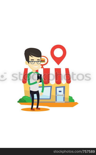 Man holding smartphone with mobile application for looking for a restaurant. Man using smartphone application for searching of restaurant. Vector flat design illustration isolated on white background.. Man looking for restaurant in his smartphone.