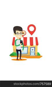 Man holding smartphone with mobile application for looking for a restaurant. Man using smartphone application for searching of restaurant. Vector flat design illustration isolated on white background.. Man looking for restaurant in his smartphone.